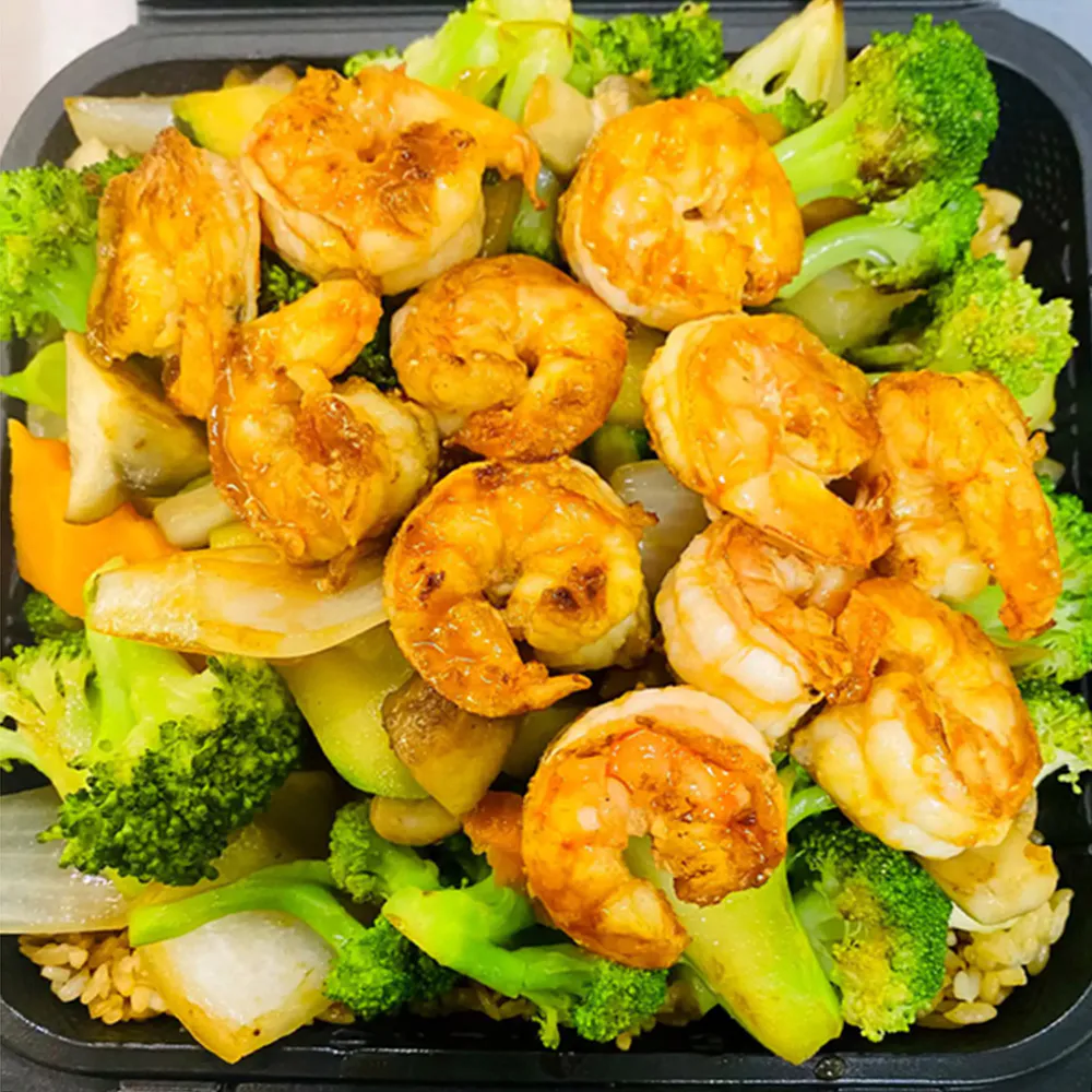 Grilled hibachi shrimp stir fry broccoli mixed vegetables rice at Osaka Hibachi & Sushi, a Japanese Restaurant in Bainbridge