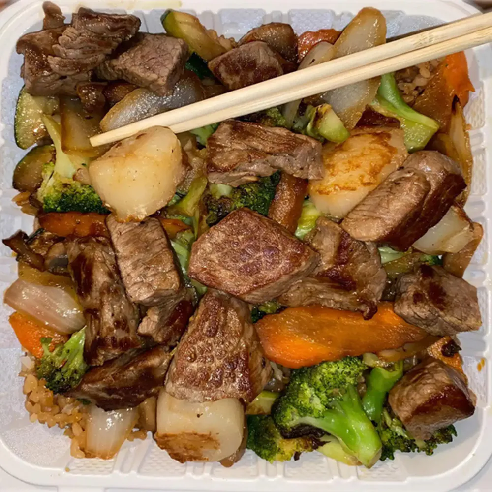 Hibachi steak scallop stir fry mixed vegetables rice chopsticks at Osaka Hibachi & Sushi, a Japanese Restaurant in Bainbridge