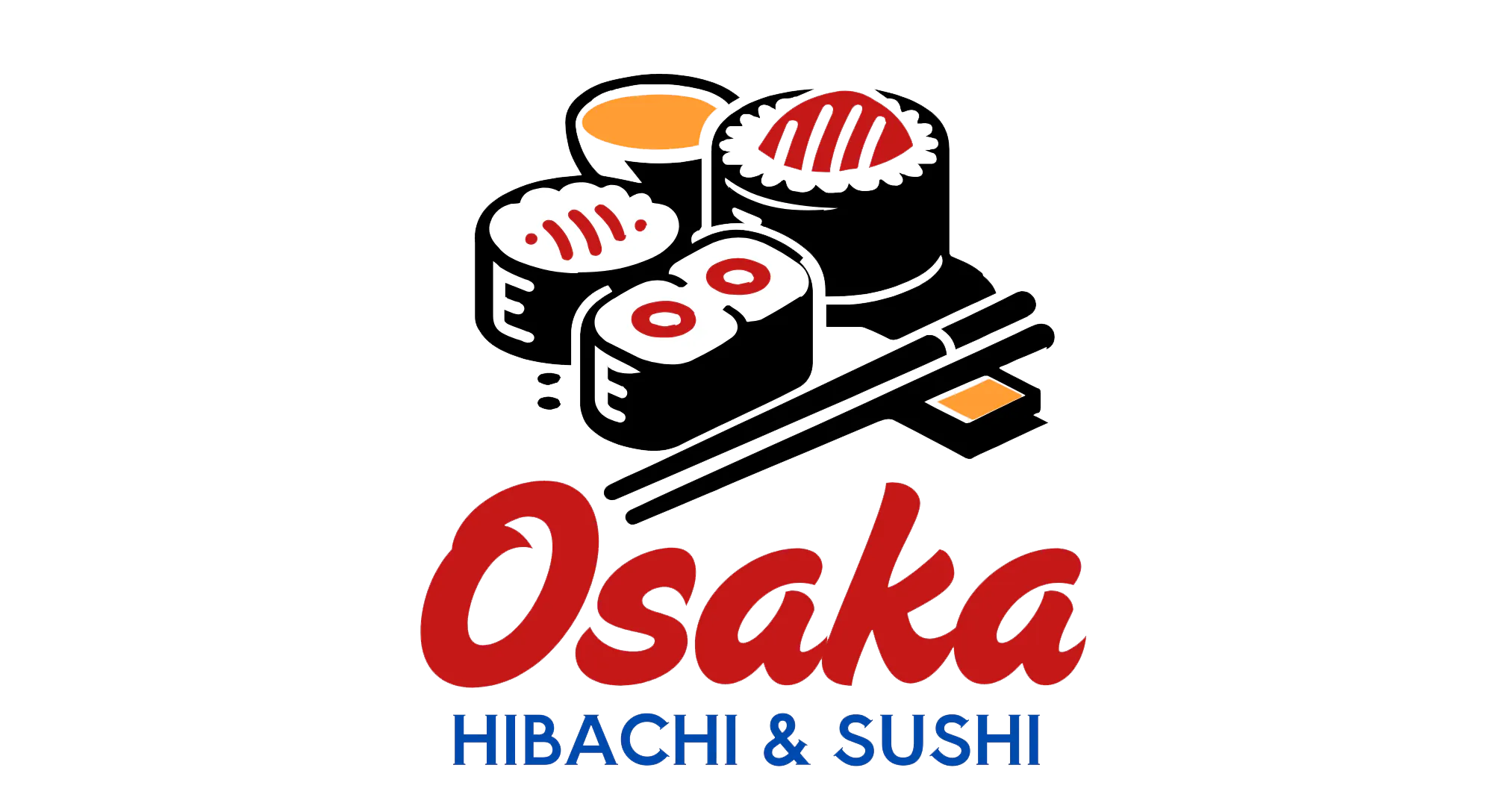 Cartoon sushi rolls chopsticks graphic red blue Osaka Hibachi & Sushi logo